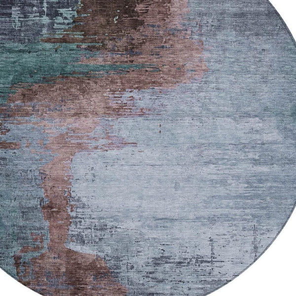 HomeRoots 8' Round Abstract Area Rug in Blue, Brown, & Mauve - Washable, Durable, Indoor/Outdoor Use, Easy Care 629999