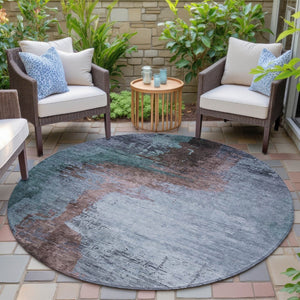HomeRoots 8' Round Abstract Area Rug in Blue, Brown, & Mauve - Washable, Durable, Indoor/Outdoor Use, Easy Care 629999