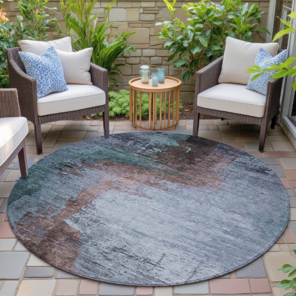 HomeRoots 8' Round Abstract Area Rug in Blue, Brown, & Mauve - Washable, Durable, Indoor/Outdoor Use, Easy Care 629999
