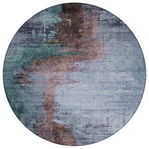 HomeRoots 8' Round Abstract Area Rug in Blue, Brown, & Mauve - Washable, Durable, Indoor/Outdoor Use, Easy Care 629999