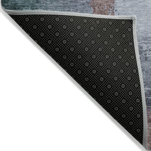 HomeRoots 8' Round Abstract Area Rug in Blue, Brown, & Mauve - Washable, Durable, Indoor/Outdoor Use, Easy Care 629999