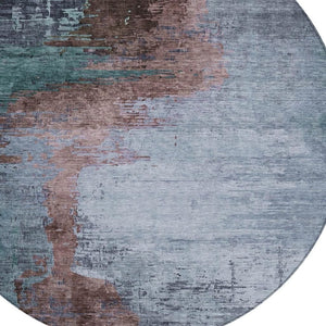 HomeRoots 8' Round Abstract Area Rug in Blue, Brown, & Mauve - Washable, Durable, Indoor/Outdoor Use, Easy Care 629999