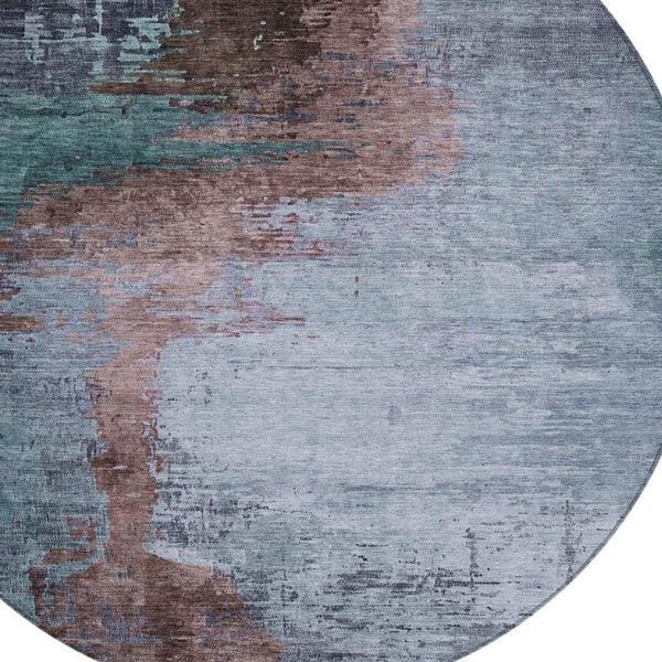 HomeRoots 8' Round Abstract Area Rug in Blue, Brown, & Mauve - Washable, Durable, Indoor/Outdoor Use, Easy Care 629999