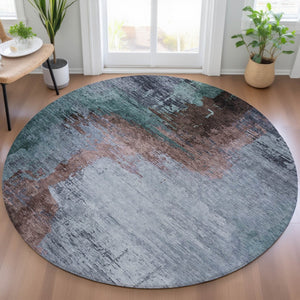 HomeRoots 8' Round Abstract Area Rug in Blue, Brown, & Mauve - Washable, Durable, Indoor/Outdoor Use, Easy Care 629999