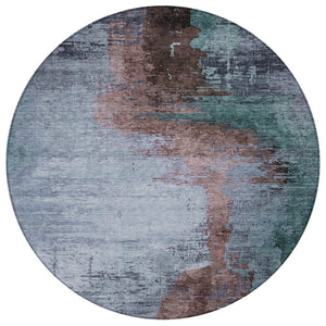 HomeRoots 8' Round Abstract Area Rug in Blue, Brown, & Mauve - Washable, Durable, Indoor/Outdoor Use, Easy Care 629999
