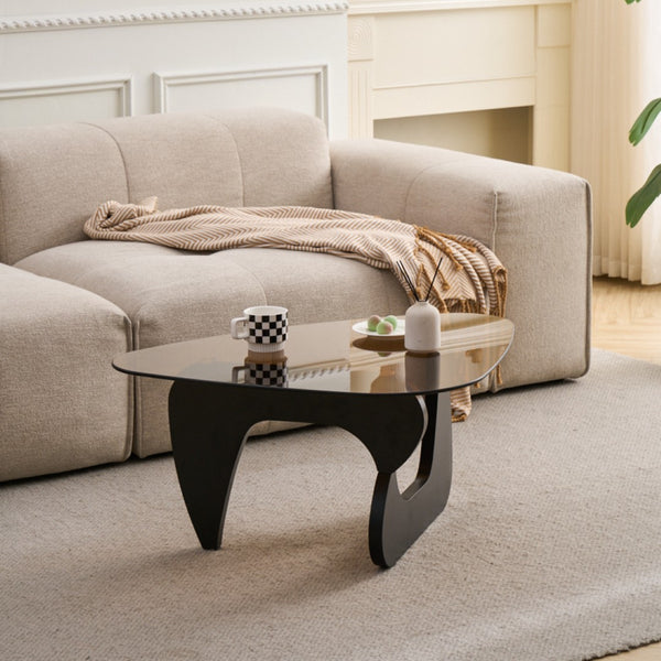 English Elm Century Mid-century Oak Base Tempered Glass Coffee Table Compact Living Room Accent Black+Brown W1718P452037