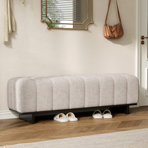 English Elm Indoor Channel Tufted Chenille Upholstered Bench Rubberwood Legs Entryway Dining N779P367309O