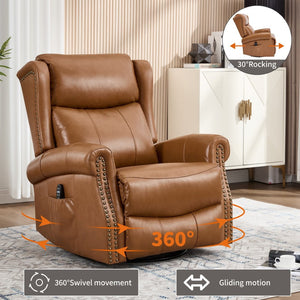English Elm Heat Massage Swivel Rocker Recliner in Genuine Leather for Living Room Comfort W3224S00013