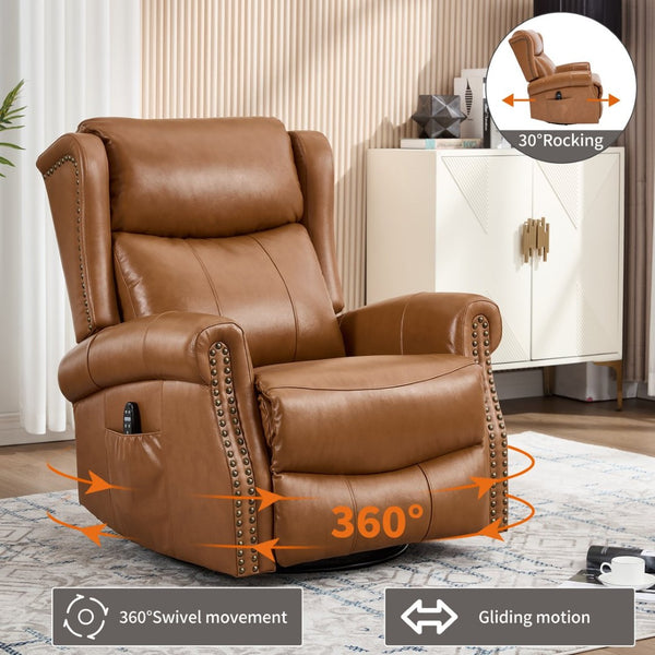 English Elm Heat Massage Swivel Rocker Recliner in Genuine Leather for Living Room Comfort W3224S00013