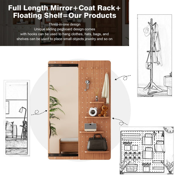 English Elm 47.6 Inch Rubberwood Wall Mirror with Sliding Panel Storage for Bedroom or Entryway W2987P438124