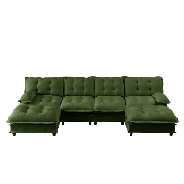 English Elm 138" U-shaped Chenille Cloud Sectional with Ottomans Deep Seat Modular Living Room Sofa Green W714S01733
