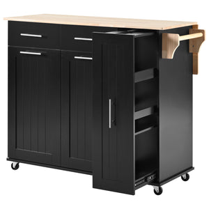 English Elm K&K Kitchen Island with Drop Leaf, Rolling Storage Cart with 3-Tier Pull-Out Organizer, Durable Wood Countertop Black WF531421AAB