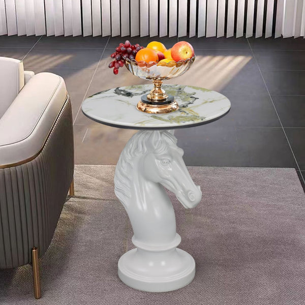 English Elm Horse Head Sculpted Resin End Table with Faux Marble Top for Bold Living Rooms White W5398P454678