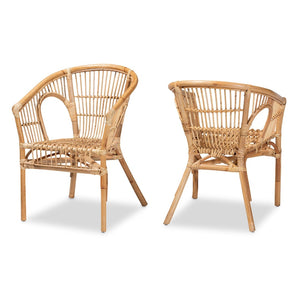 English Elm Modern Woven Rattan Armchair Set of Two Bohemian Dining Chairs with Openwork Frame B2750P470051