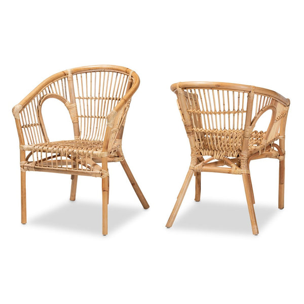 English Elm Modern Woven Rattan Armchair Set of Two Bohemian Dining Chairs with Openwork Frame B2750P470051