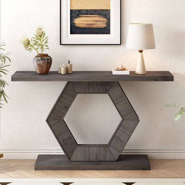 English Elm U_Style Modern Console Table With Hollow Hexagon Legs & Fir Veneer Finish For Entryway Elegance N711P241272A-GIGA