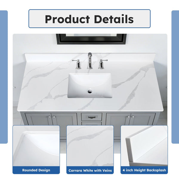 English Elm 49-inch Carrara Quartz Vanity Top Undermount Sink Marble Look Backsplash Bathroom W2699P459409