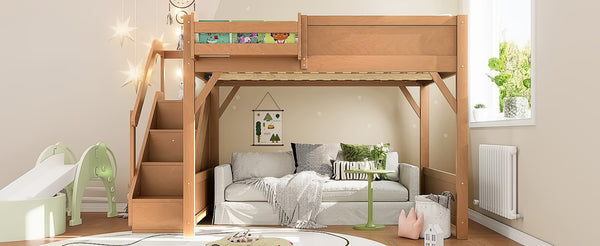 English Elm Twin Low Loft Bed Solid Pine Frame Kids Study Desk Blackboard Storage White Antique Natural W1580S00554