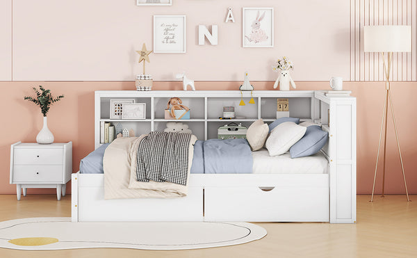 English Elm Wooden Full Size DayBed with Trundle, Pine Frame, Dual Storage Shelf and Built-in USB Charging Ports White 57.7 L x 16.25 W x 6.7 H N733S347772K