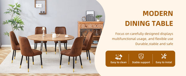 English Elm Table and Chair Set Extendable Round to Oval Wood Grain Mdf with Six Upholstered Seats W1151S03967
