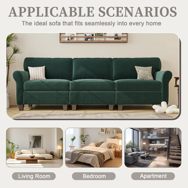 English Elm 94" Corduroy Three Seater Sofa Deep Cushioned Solid Wood Frame Modern Living Room Couch Dark Green W2715S00007