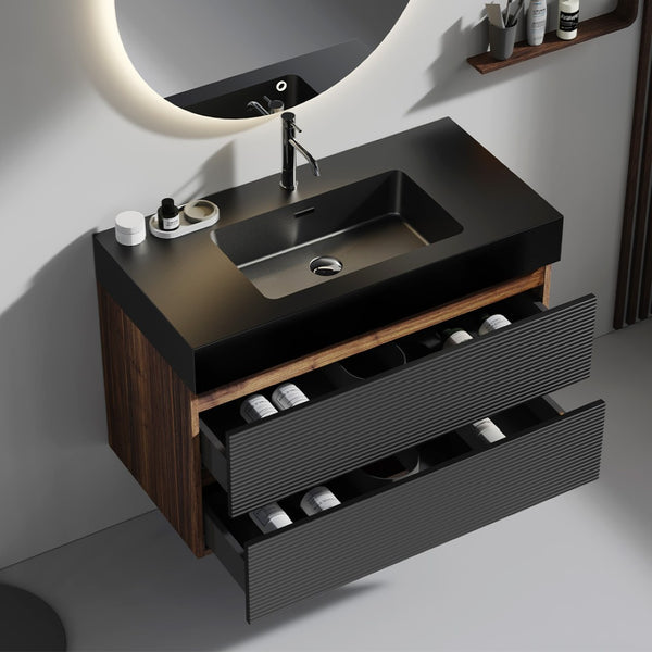 English Elm Grace 36" Walnut Bathroom Vanity With Matte Black Sink & Soft-Closing Drawers For Modern Elegance W1865S00087-GIGA