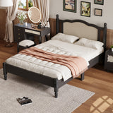 Full Size Wooden Platform Bed with Natural Rattan Headboard, Vintage Frame, Black