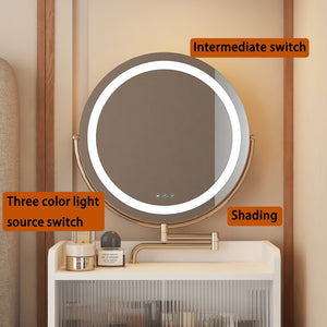 English Elm 3 3 in 1 Vanity Desk with Lighted Mirror, Charging Station, Upholstered Stool, 2 Drawers & Hidden Storage W1321P243134