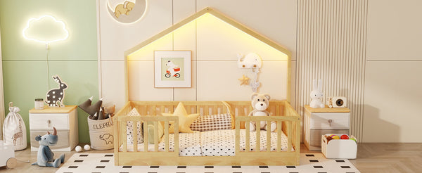 English Elm Twin Montessori Floor Bed House Frame with Led Lighting and Safety Rails for Kids W2593P440601