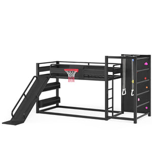 English Elm Twin Xl Metal Loft Bed with Climbing Wall Slide Basketball Hoop and Bookshelves W1580S00588