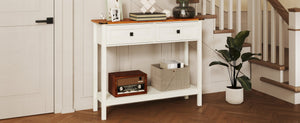 English Elm Farmhouse Console Table Antique White with 2 Drawers, Bottom Shelf, Tool-Free Assembly & Anti-Tip (93) W2557P191364