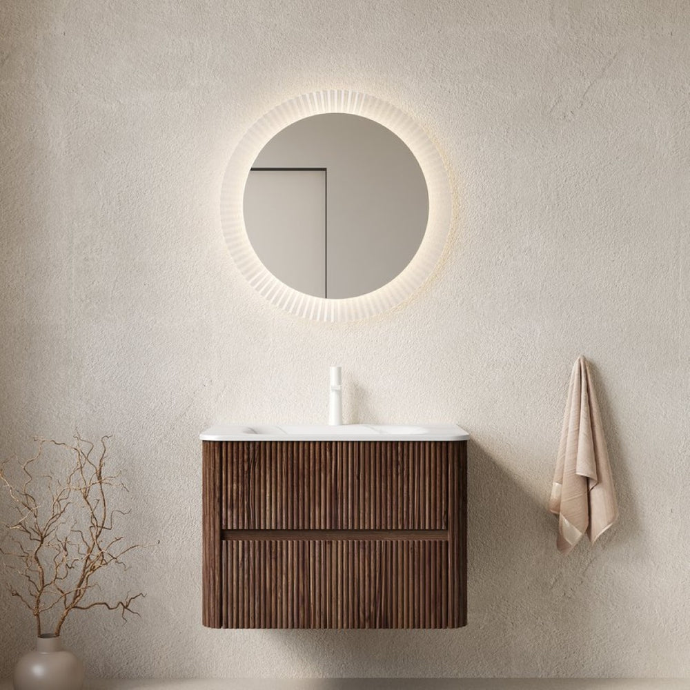 English Elm Noor Oak Veneer Floating Bathroom Vanity with Grooved Plywood Cabinet and Ceramic Basin W2615P386403