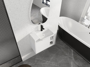 English Elm 28'' Floating Bathroom Vanity with Ceramic Sink Soft Close Door Melamine Cabinet Glossy White W999P426642