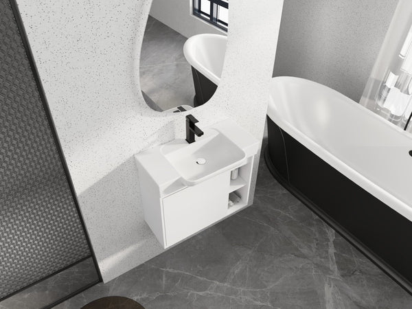 English Elm 28'' Floating Bathroom Vanity with Ceramic Sink Soft Close Door Melamine Cabinet Glossy White W999P426642