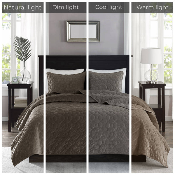 JLA Home Madison Park - 3 Velvet Quilt Set with Plush Geometric Quilting, Antimicrobial Finish, Silky Soft 3-Piece Bedding Taupe MP13-3306