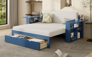 English Elm Full Size Daybed with Hydraulic Desk Armrests Storage Drawer and Sofa Seating Blue LT000271AAC