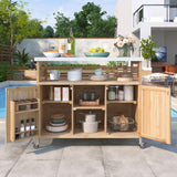 Outdoor Kitchen Island, Rolling Bar Cart & Storage Cabinet, Solid Wood Grill Table, Stainless Steel Top, Spice & Towel Rack, Natural