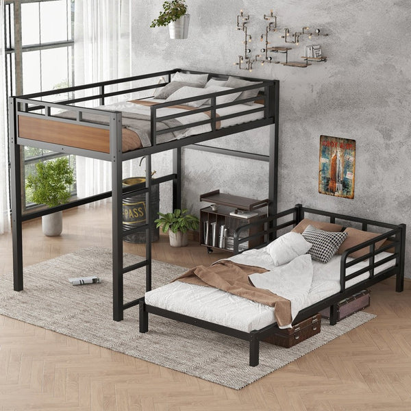 English Elm Twin Xl Metal Bunk Bed - Versatile Walnut Loft Bed With Guardrails For Safe, Space-Saving Living W1580S00225-GIGA