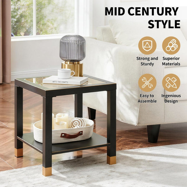 English Elm Glass Two Tier Square Side Table with Gold Mesh Tempered Top and Black Metal Frame Black+Gold W3587P456317