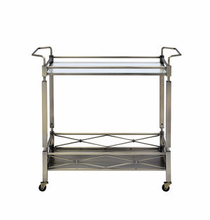English Elm Matiesen Antique Gold Metal Bar Cart with Tempered Glass Top and Rolling Casters B2726P457128