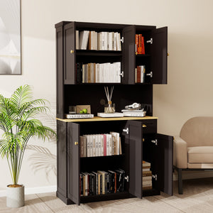 English Elm 71" Kitchen Pantry Storage Cabinet with Microwave Countertop, Freestanding Hutch with Shelves & Doors Black W282132413