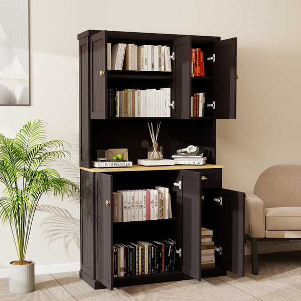 English Elm 71" Kitchen Pantry Storage Cabinet with Microwave Countertop, Freestanding Hutch with Shelves & Doors Black W282132413