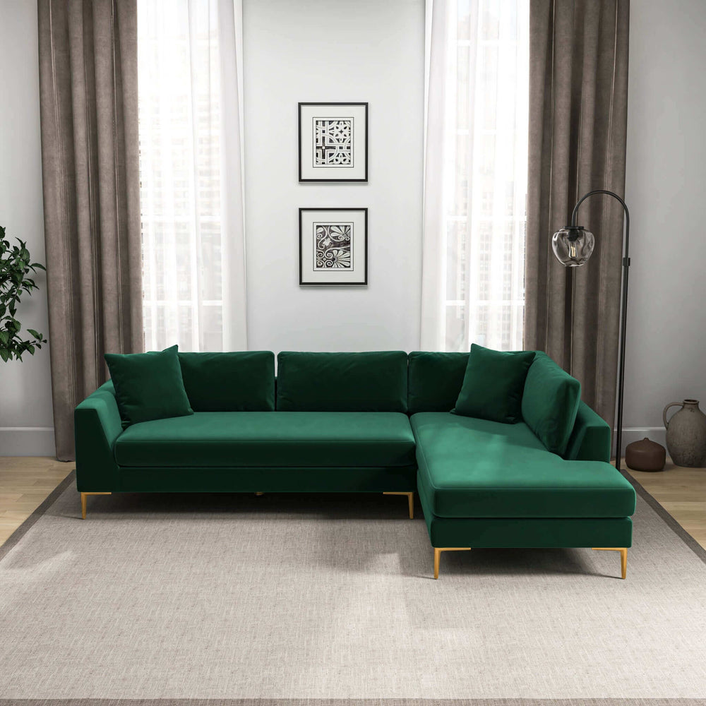 English Elm Ashcroft Furniture - Mano Velvet L-Shaped Sectional Sofa Right Facing in Green — Mid-Century Comfort, Solid Wood Frame, Plush Foam B183S00032