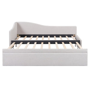 English Elm Twin Upholstered L-Shaped Daybed with Pop-Up Trundle, Space-Saving Guest Bed with Slats Kit and 400lb Capacity Beige SF000193AAA