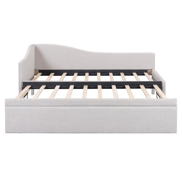 English Elm Twin Upholstered L-Shaped Daybed with Pop-Up Trundle, Space-Saving Guest Bed with Slats Kit and 400lb Capacity Beige SF000193AAA