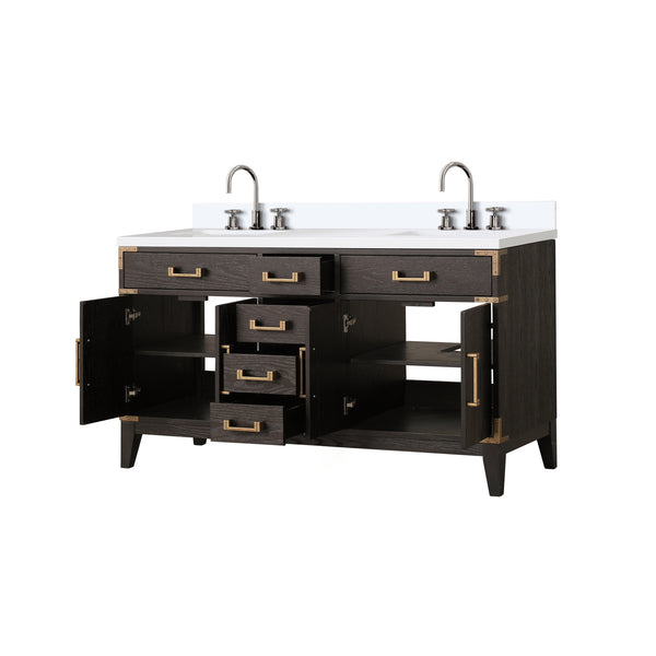 English Elm Brown Oak Double Bath Vanity With White Quartz Top, Chrome Faucet, Ample Storage & Soft-Close Hardware B2731P259850