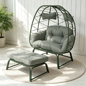 English Elm Double Egg Chair Wicker Outdoor Lounge Set with Ottoman and Weather Resistant Cushions T5880P501484