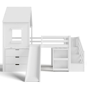 English Elm Full Size Metal Loft Bed with Stair Storage Shelves Bookshelf for Dorms Bedroom W1580S00395
