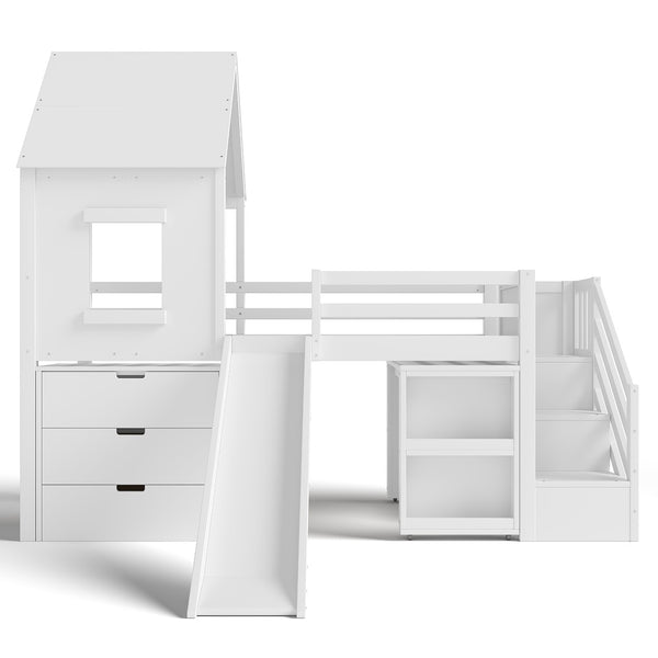 English Elm Full Size Metal Loft Bed with Stair Storage Shelves Bookshelf for Dorms Bedroom W1580S00395