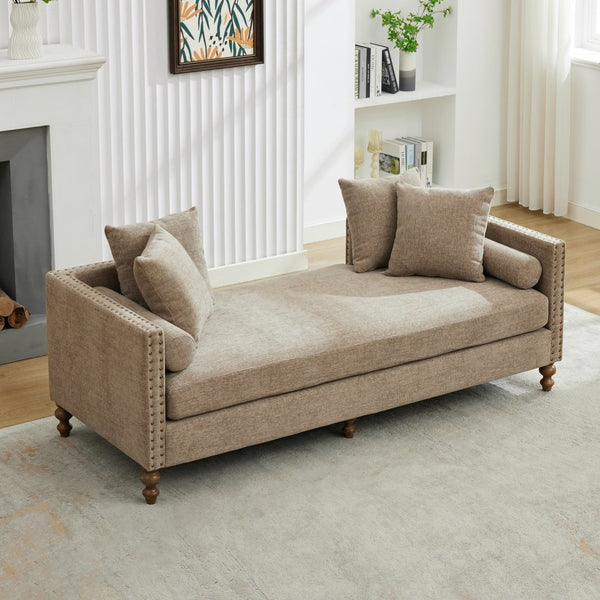 English Elm 75.2'' Chenille Upholstered Daybed Chaise with Nailhead Trim and Rubberwood Legs Taupe W3188S00057